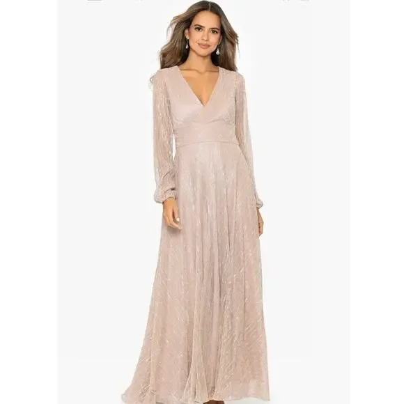 Betsy & Adam Champagne Metallic Long Sleeve Gown Size 16 NWT